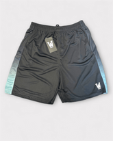 Eco black with blue accent shorts with a waaka brand logo on a light gray background
