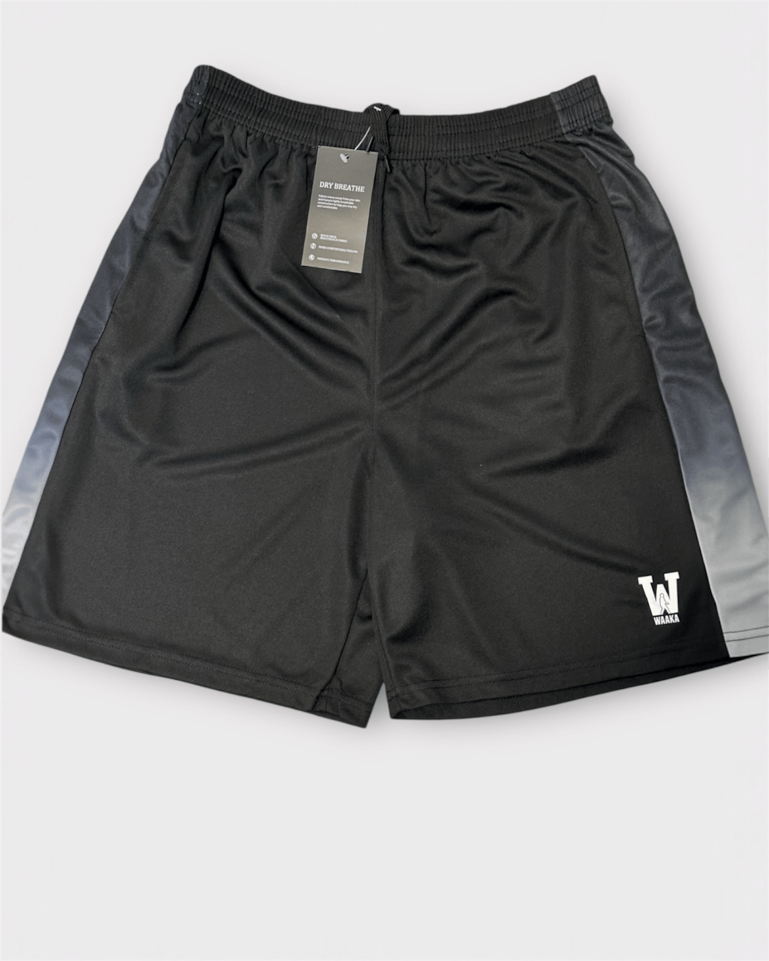 Black athletic shorts with grey accents on a white background
