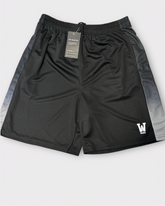 Black athletic shorts with grey accents on a white background