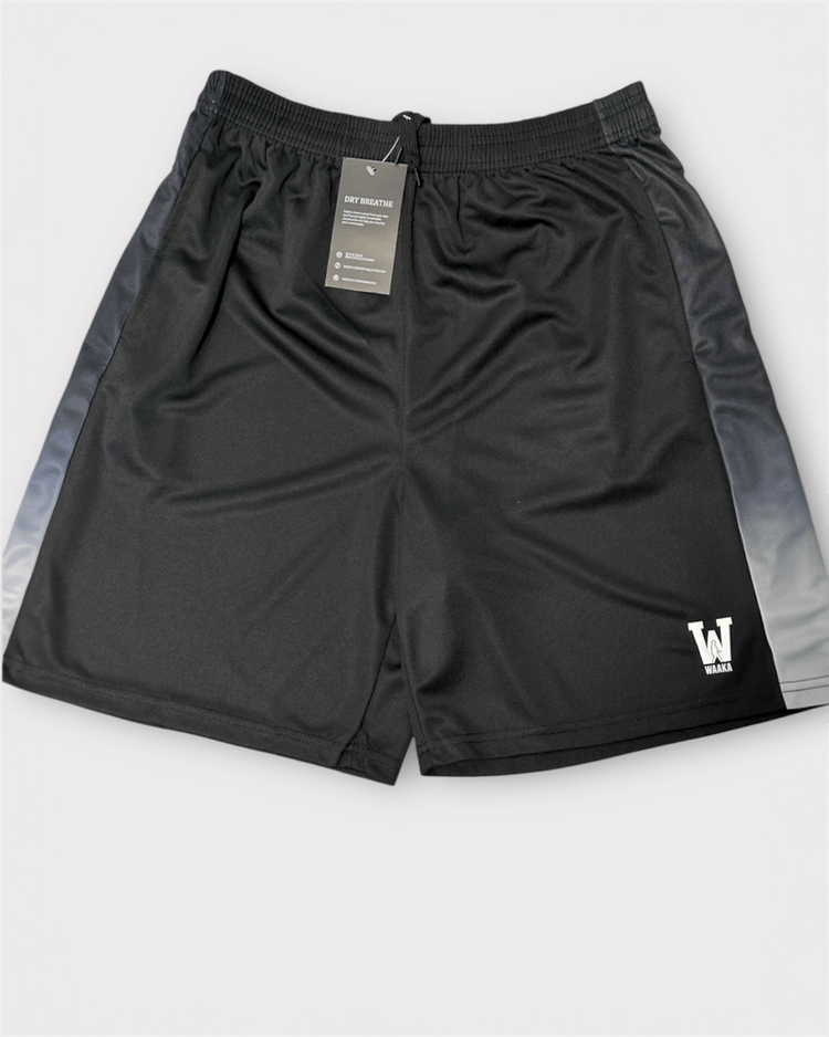 Black athletic shorts with grey accents on a white background