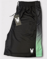 Black shorts with gradient design and Waaka tag on a light gray background