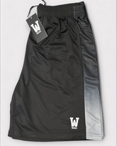 Black and grey accent athletic shorts with waaka logo on a white background