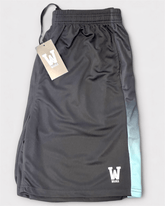 Black shorts with a gradient blue design and waaka brand tag on a light gray background