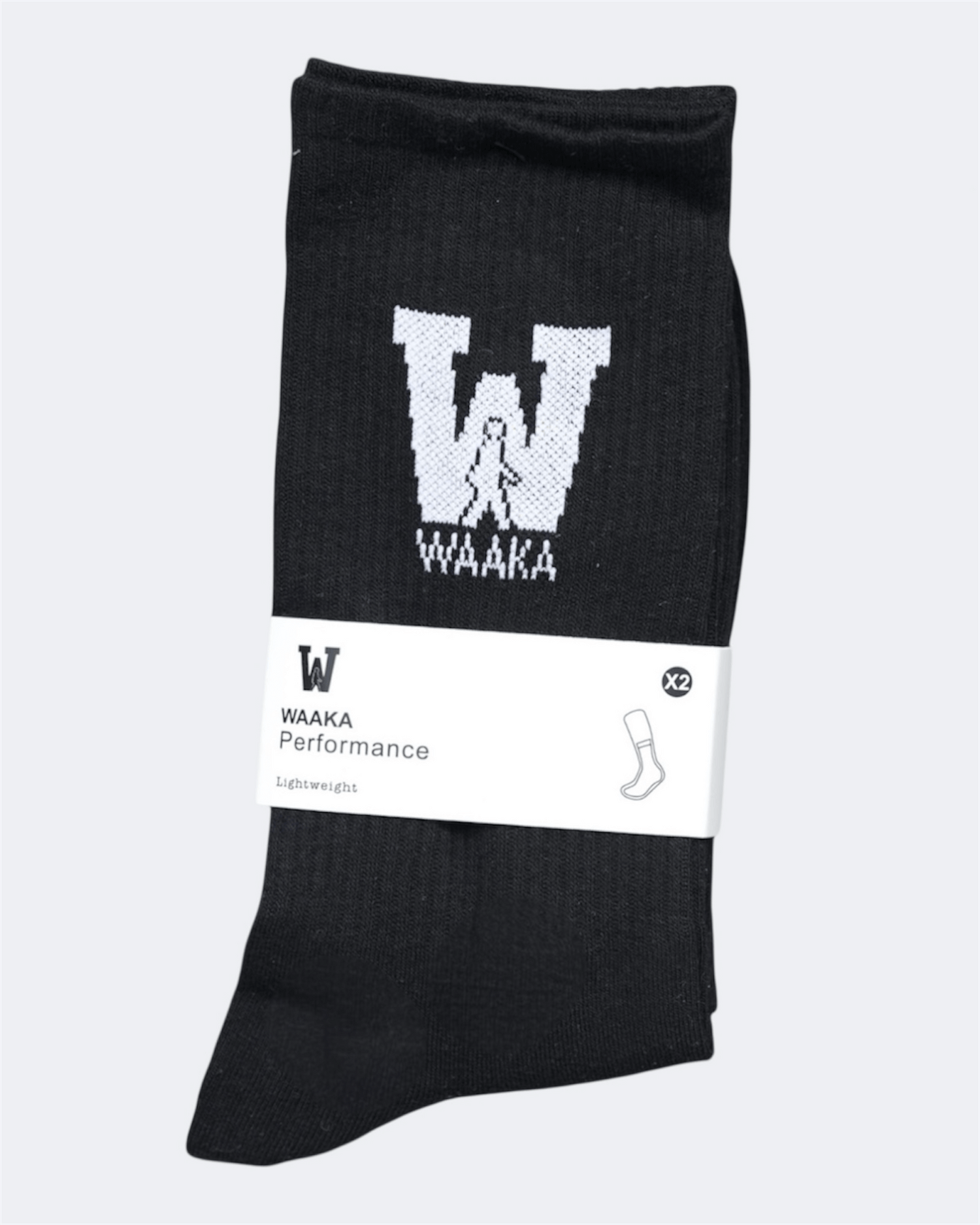 Black sock with WAAKA logo and text on a white background