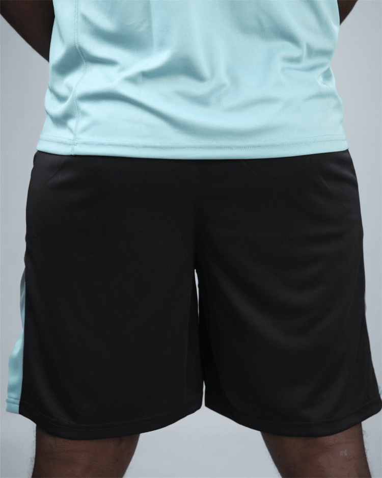 Black eco training shorts with a light blue on a grey background back view