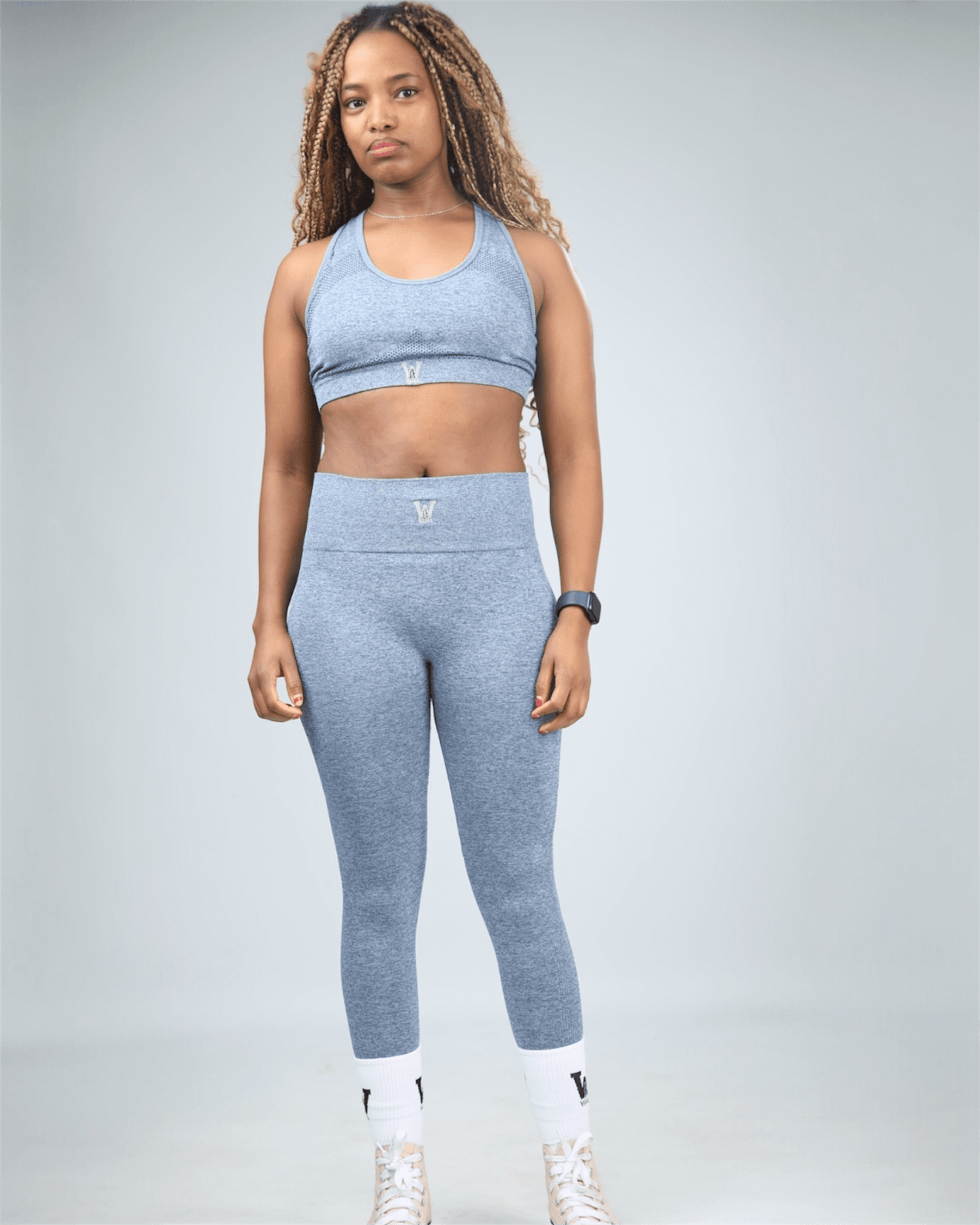 Lustra Embroidery Sport Bra (Blue) Waaka woman standing